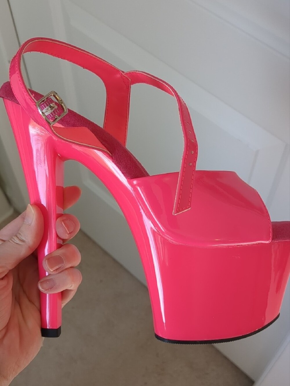 Pleaser Neon Pink 7" Platform Heels with Ankle Strap - Picture 4 of 14